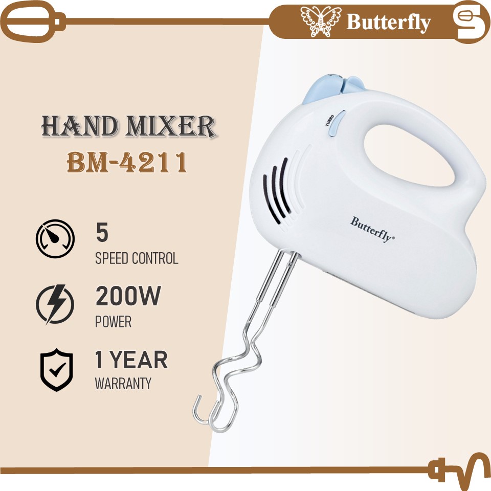 BUTTERFLY Hand Mixer BM4211 (200W) 5 Speeds Pengadun Tangan Kitchen Baking Beginner Whisking