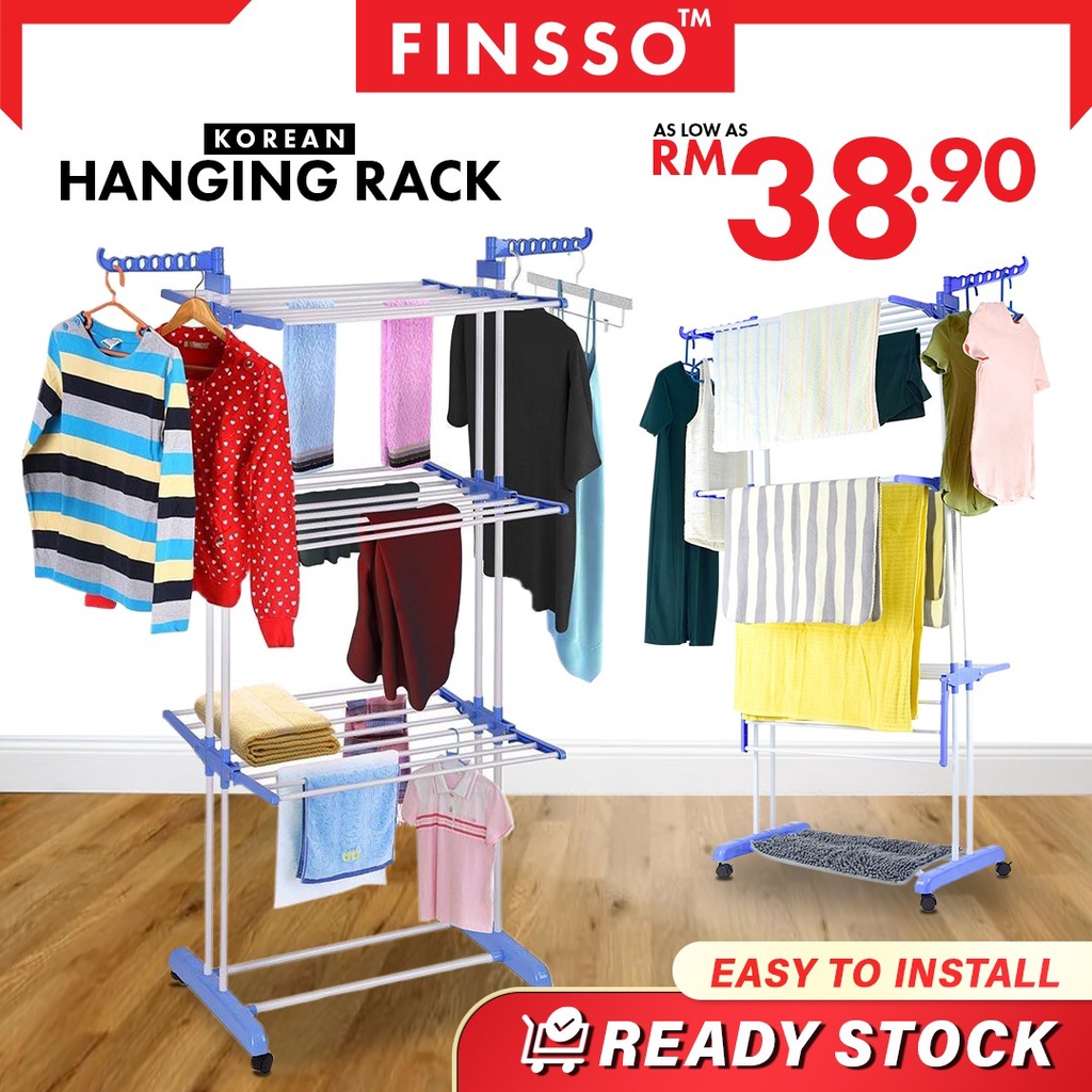 READY STOCK: Korean Hanging Rack / Ampaian Baju/ Penyidai Baju / Foldable Drying Rack with 3-Tier Stainless Steel