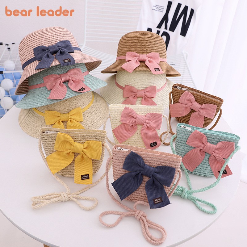 Bear Leader Summer New Tie Bow Children's Straw Hat Japanese Sunshade Sun Hat Bag Set