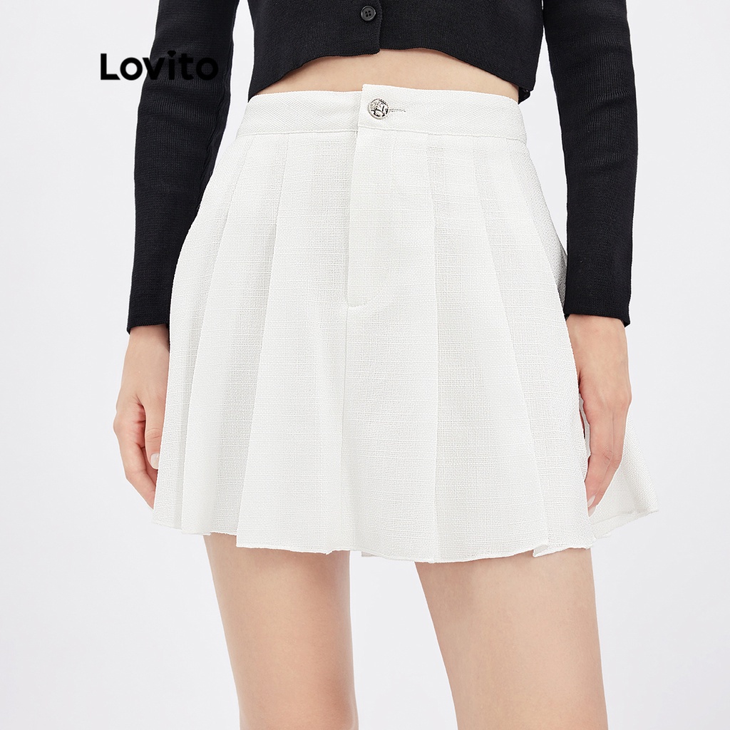 Lovito Plain Pleated Basic A-line Skirt L30AD078 (White) Lovito Rok A ...