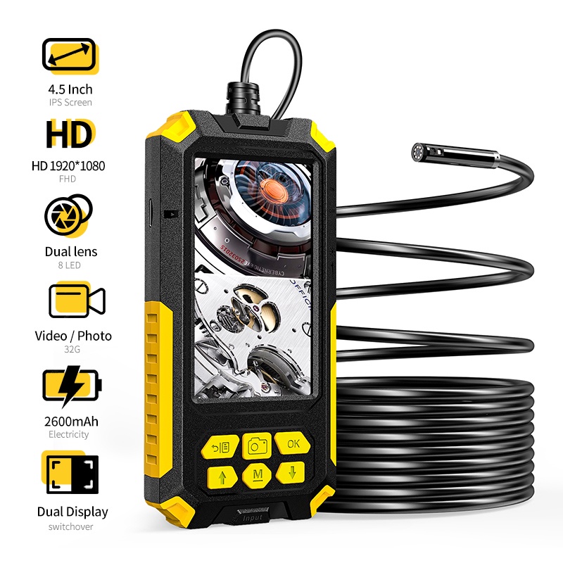 4.5 inch IPS Screen Dual Lens Industrial Endoscope 2.0 MP Bore Scope Snake Camera IP68 Sewer Pipe Drain Inspection Camera with 8 LED