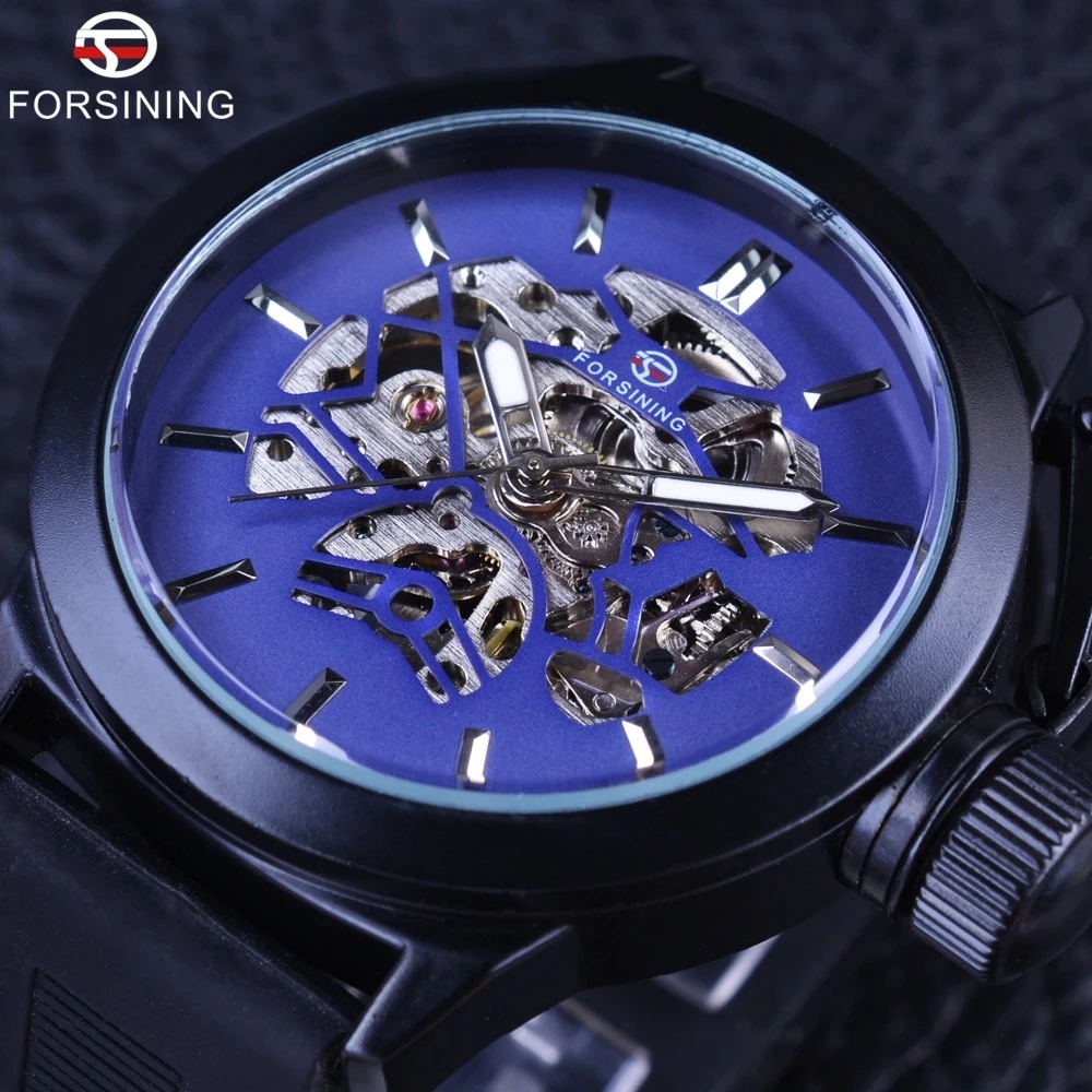 Forsining Mechanical Watch Navigation Series Blue Golden Display Automatic Self-wind Watch Top Brand Luxury Black Silicone Band Watch