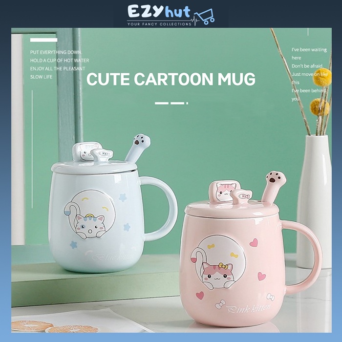 Ceramic Cartoon Mug Coffee Glass Cup with Lid & Stainless Steel Spoon Gift Set Doorgift Wedding Gift Cawan Kaca Set