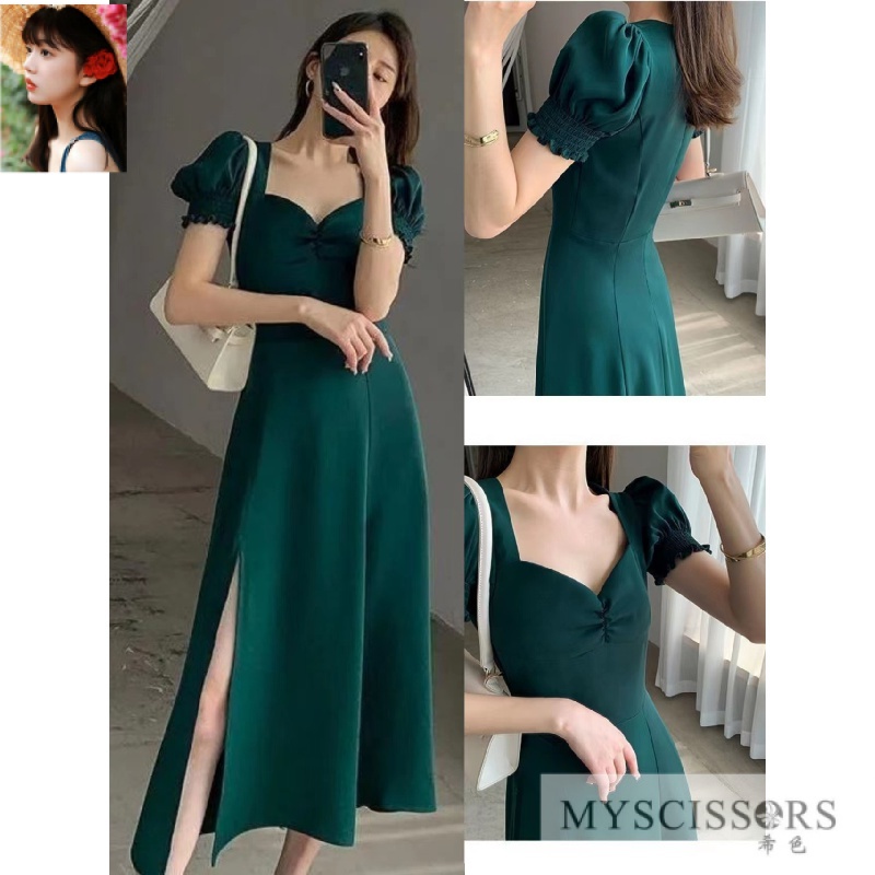 MYSCISSRS现货連衣裙&dinner dress& dress long sleeve muslimah&Dress Women Green Dress for Women Summer&women’s-large-size-slimming-dress&Puffed sleeves square neck Hepburn style French sweet retro A-line slit &long sleeve dress women&korean style dress2023新款