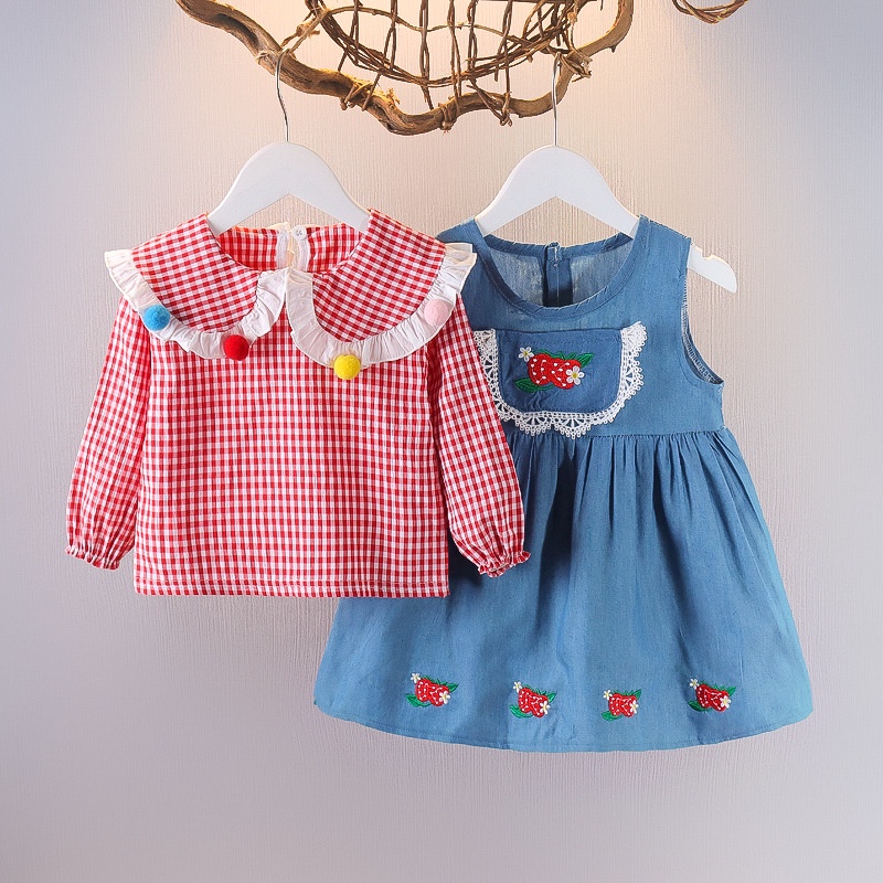 Girls Checked Top+Strap Strawberry Denim Skirt Suit Children Autumn New ...