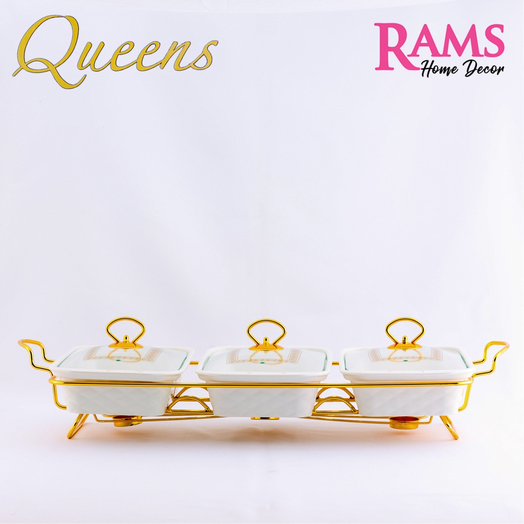 Queens 1.5L (Set of 3) Triple Premium Porcelain Chafing Dish with Metal Rack / Bekas Lauk / Tempat Lauk - Luxury Gold