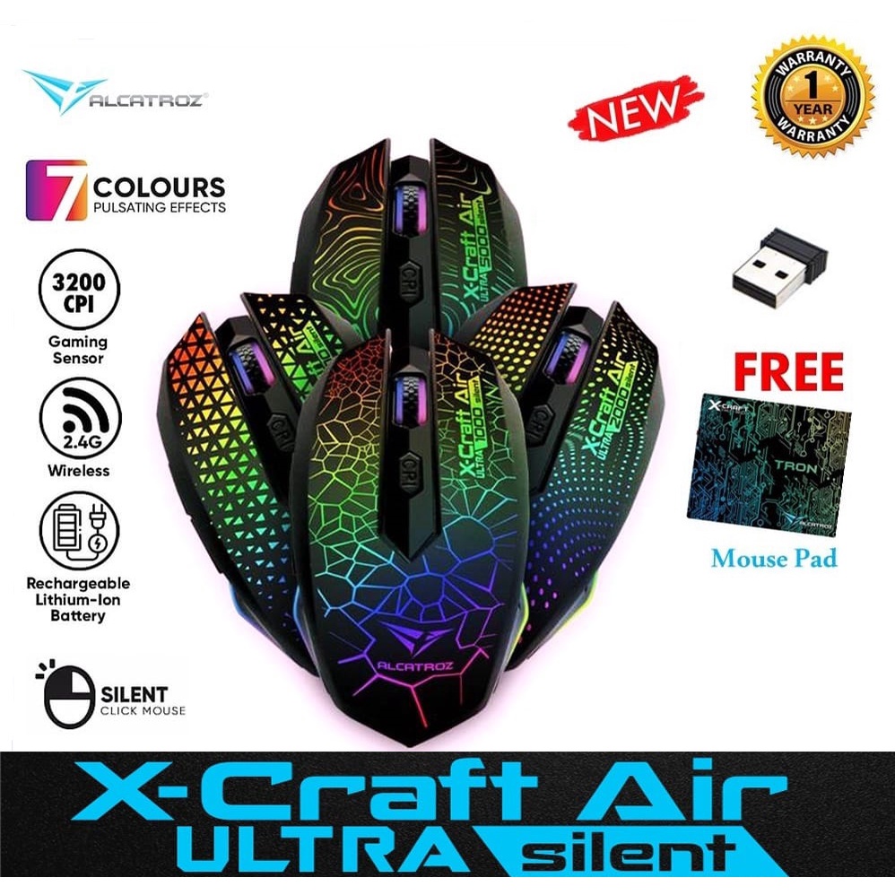 Alcatroz X Craft Air Ultra Silent Non Silent Click Wireless Gaming Mouse Free Mousemat 3200 0298