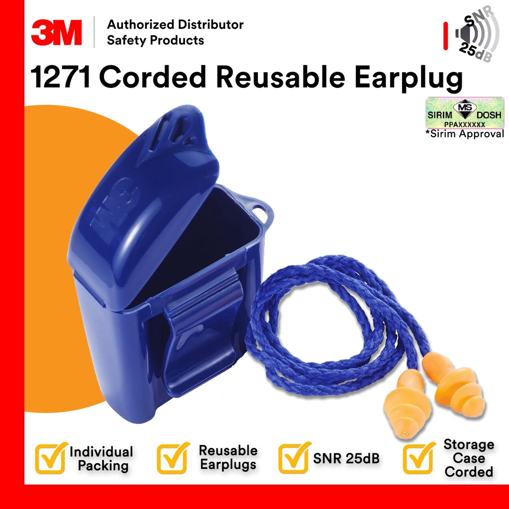 3M 1271 Corded Reusable 3M Ear Plug / DOSH SIRIM /Safety Earplugs with Storage Case /1293