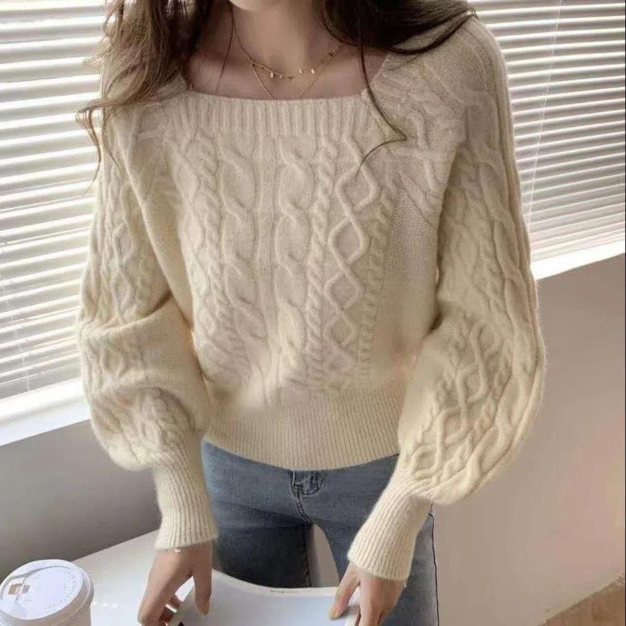 Sweaters Women Fashion Slim Square Collar Long Sleeve Knitting Solid Simple Soft Cozy Tender Pullovers