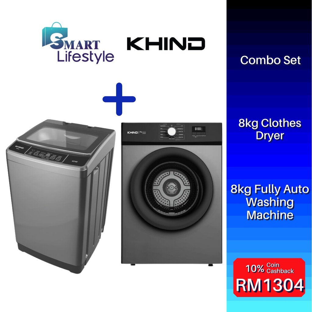 【COMBO】KHIND 8kg Clothes Dryer CD819 + 8kg Fully Auto Washing Machine WM80A