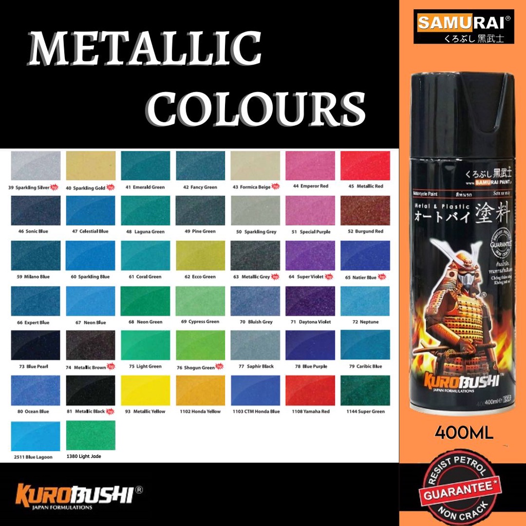 Samurai Spray Paint 44 Metallic Colours Motorcycle Aerosol Spray Paint