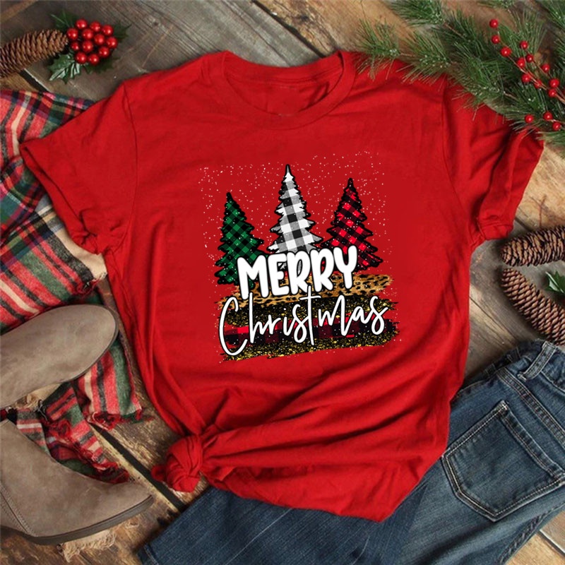 [Ready Stock] Merry Christmas Plaid Chriatmas Tree Snow Print Women T-shirt 2022 New Year Clothing