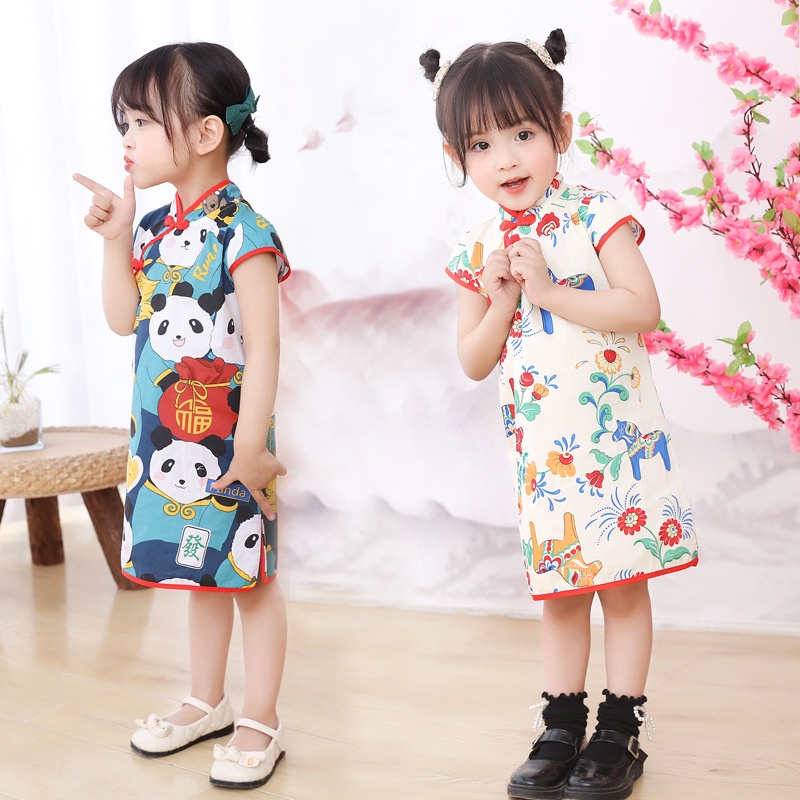 Children Clothes Baby Dress Girl Cheongsam Traditional Chinese Garments Cute Short Sleeved Pure Cotton