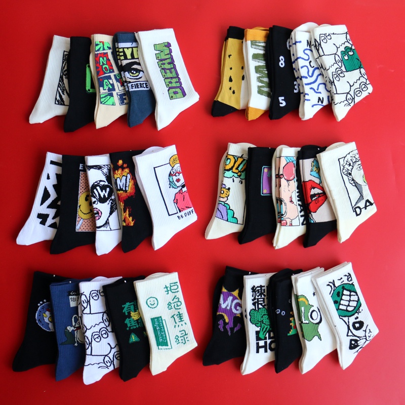 5 Pairs Trendy Mid-Tube Socks Men Women Unique All-Match Cartoon Street Genderless Wear Trendy Socks Student Stockings Thin Style