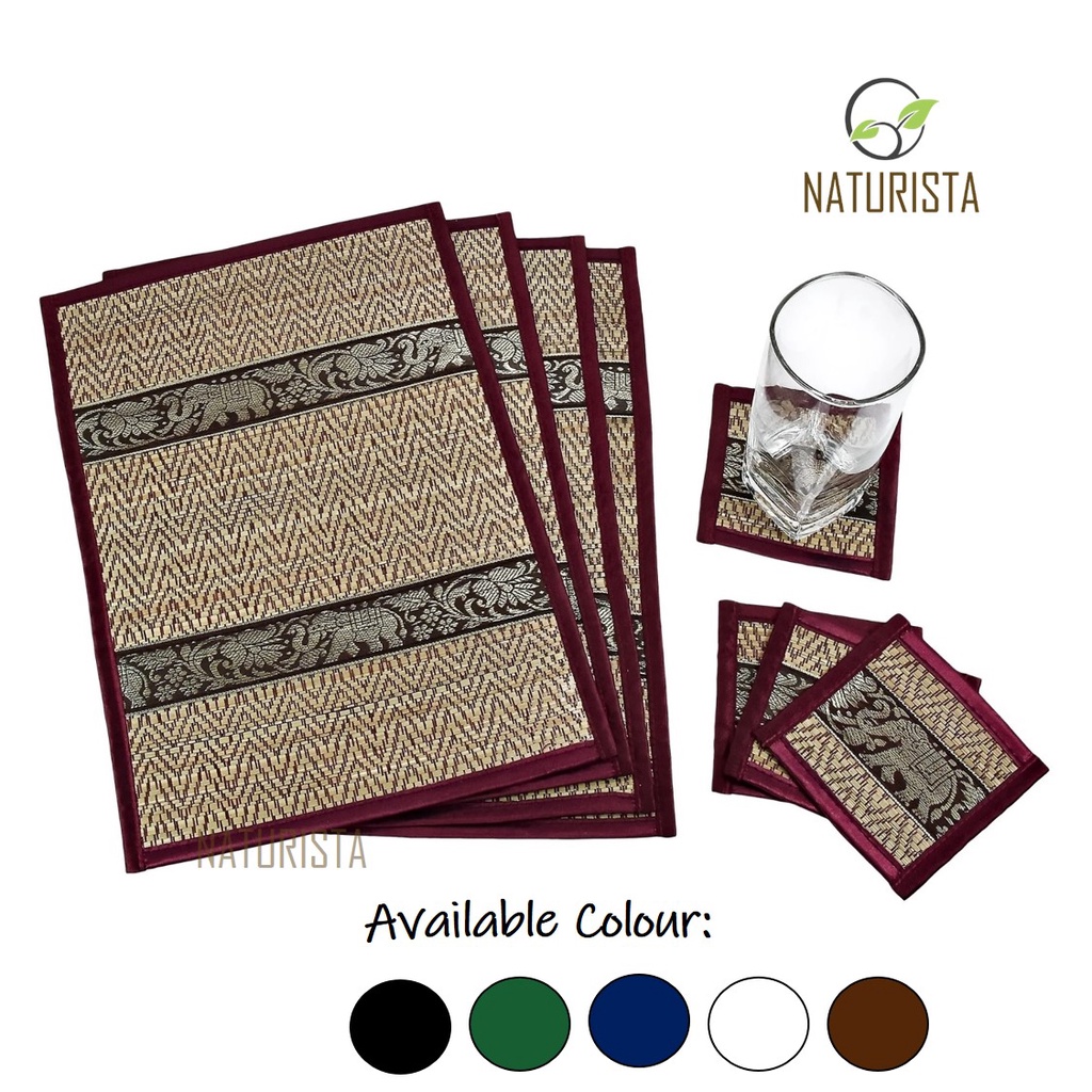 Natural Woven Reed Placemats and Coasters Set Dining Table Handmade Elephant Heat Resistant Easy to Clean Eco Friendly