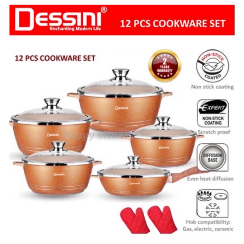 DESSINI 12pcs Set Original Cookware Non Stick Granite Cooking Pot