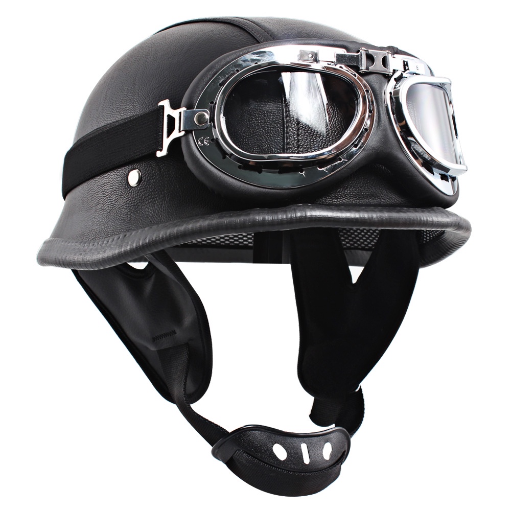 Motorycle Helmet PU Leather Black Retro Open Face Half Face Helmet UV ...