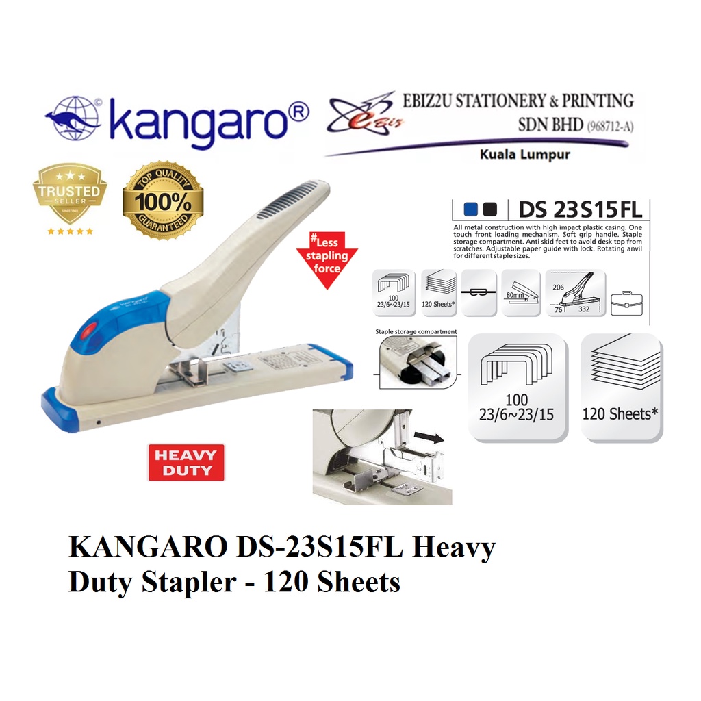 KANGARO DS23S15FL Heavy Duty Stapler 120 Sheets alat pengokot, kawat