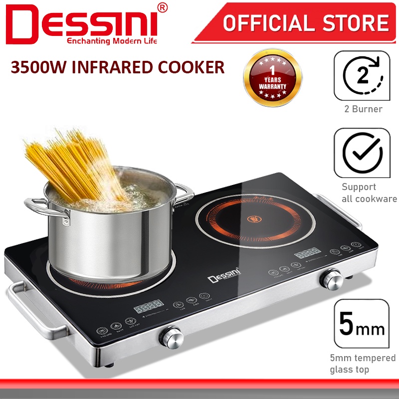 DESSINI ITALY Infrared Ceramic Cooker Hob Touch Control Panel 2 Burner Cooktop Tabletop Multi Pots Tempered Glass Stove