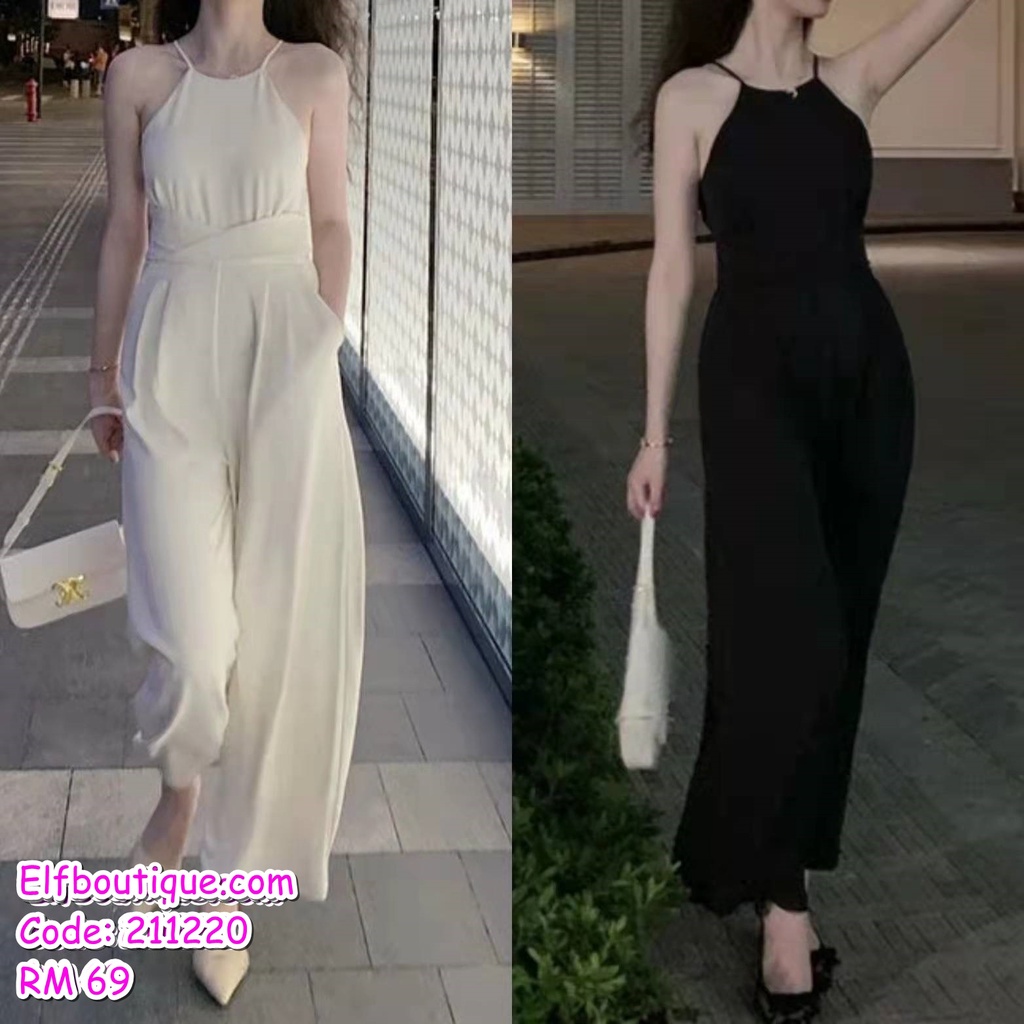 READY STOCK Woman Sleeveless Round Hanging Neck Ribbon Tie Back Design Retro Style Wide Leg Jumpsuit 211220