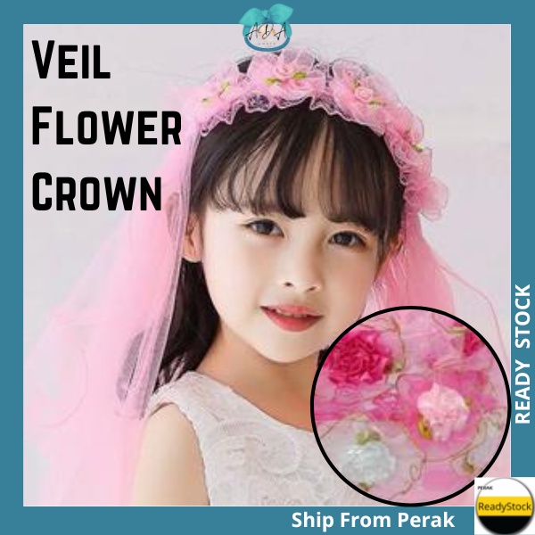 AIDA. Veil Flower Crown New Year Hoop fairy Bridal Headband Wreath Wedding Bunga PengantingTunang Floral 喜庆新春樱花花环头纱新娘发饰