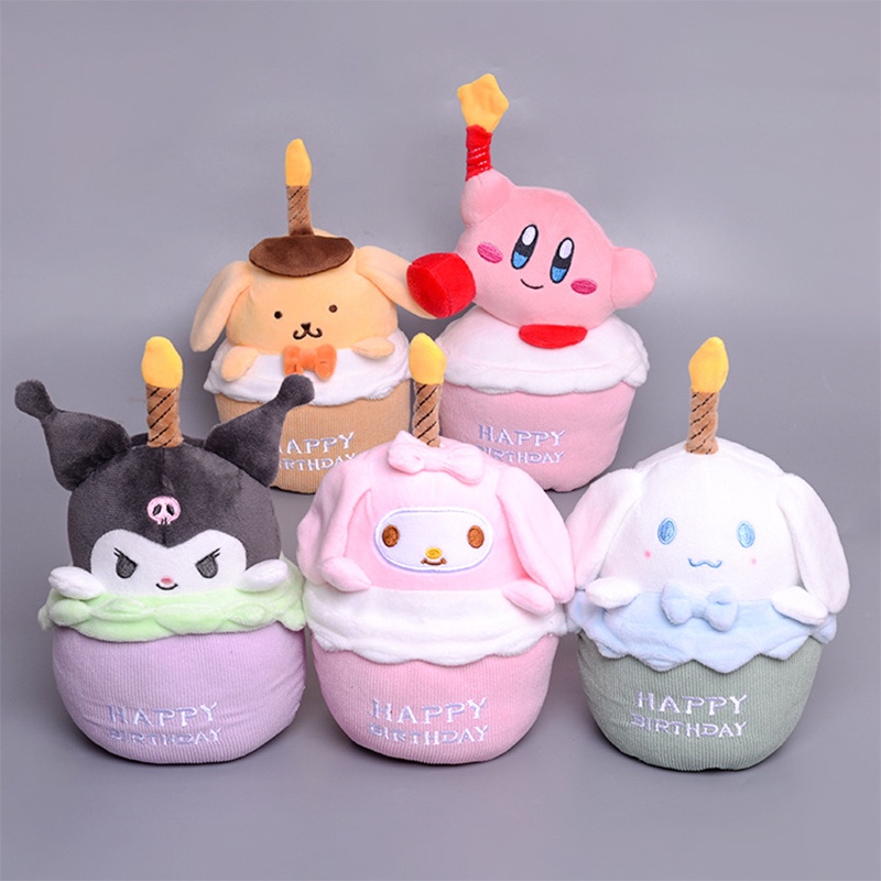 Sanrio Kawaii LED Cake Plush Toy Cinnamoroll Kuromi Melody Anime Stuffed Animals Plushie Pendant Doll Creative Cute Cake Sing Toy Plush Doll for Birthday Gift