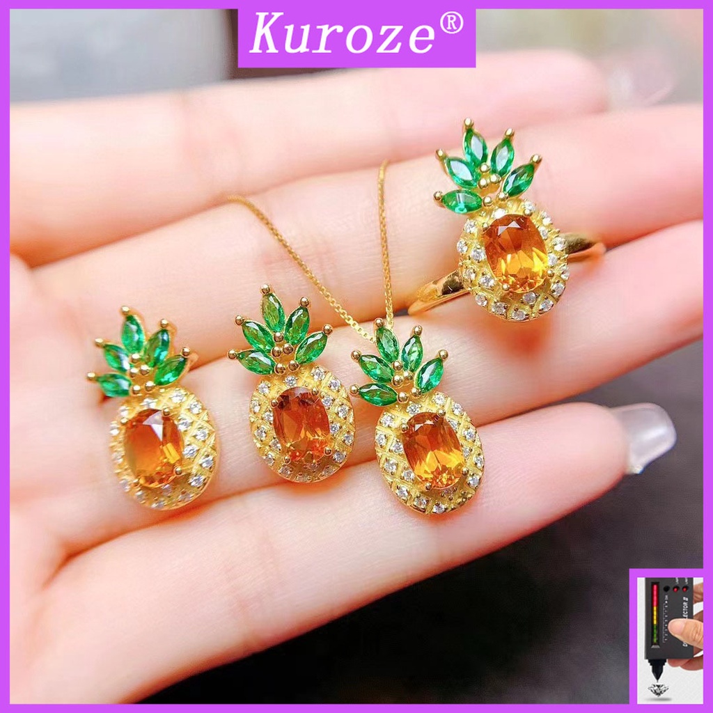 Kuroze 18K Gold Fenda Stone Yellow Diamond Pineapple Fruit Green Diamond Ring Stud Earrings Pendant Necklace