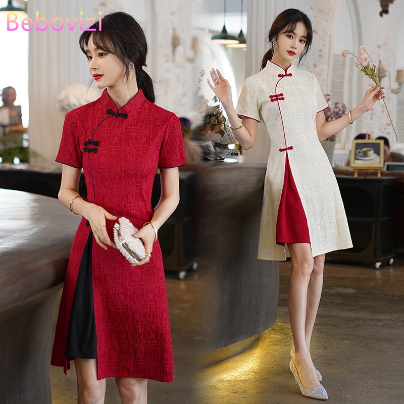 Vintage Chinese Traditional Wear Party Women Qipao Dress Summer Stand Collar Short Sleeve Red Black Modern Cheongsam New Year Clothes CNY 新年大码中式旗袍改良版連衣裙