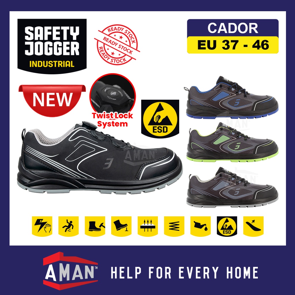 Safety Jogger Cador ESD S1P Sporty Safety Shoes Steel Toecap Midsole Green Blue Grey Cador S3 Twist Lock TLS Black