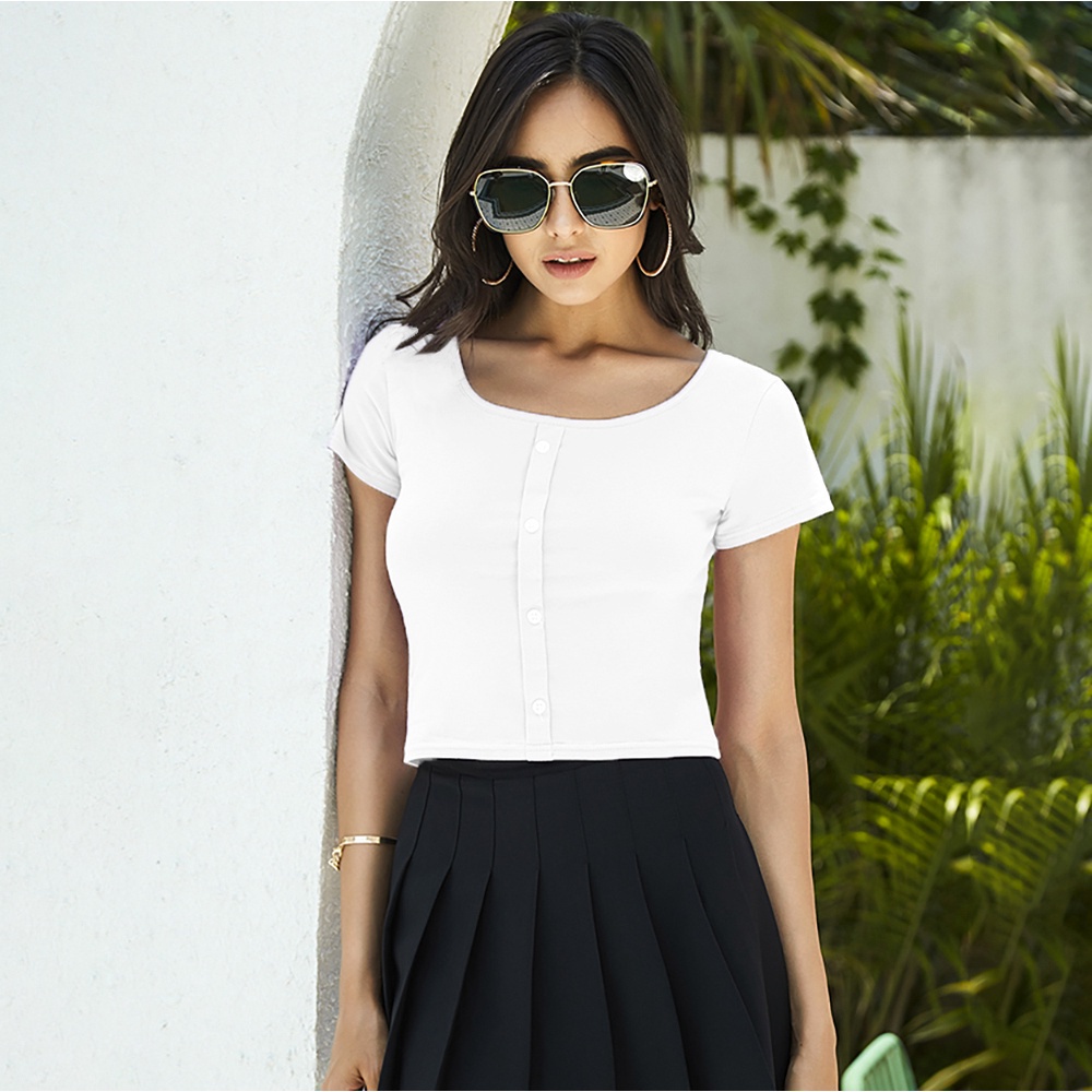 Reliable Premium Lovito Plain Button Cropped Shirt Fit Women Top T-Shirt L02001 (Black/Purple/Yellow/White/Green) Tem... - Image 2