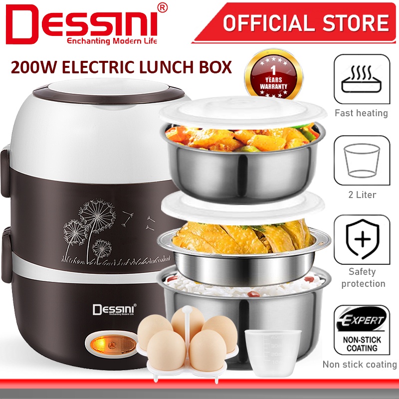 DESSINI ITALY 2L Electric Rice Cooker Lunch Box Non Stick Stainless Steel Inner Pot with Steamer Periuk Nasi Elektrik