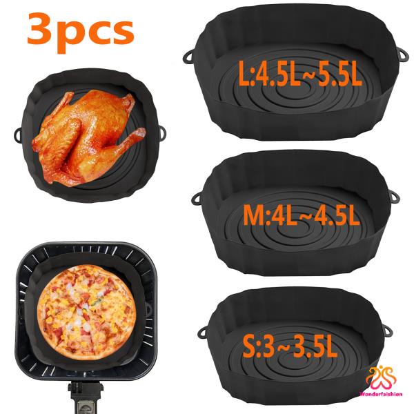 3pcs Silicone Air Fryers Oven Baking Tray Pizza Fried Chicken Airfryer Silicone Basket Reusable Airfryer Pan Liner Accessories /air fryer paper