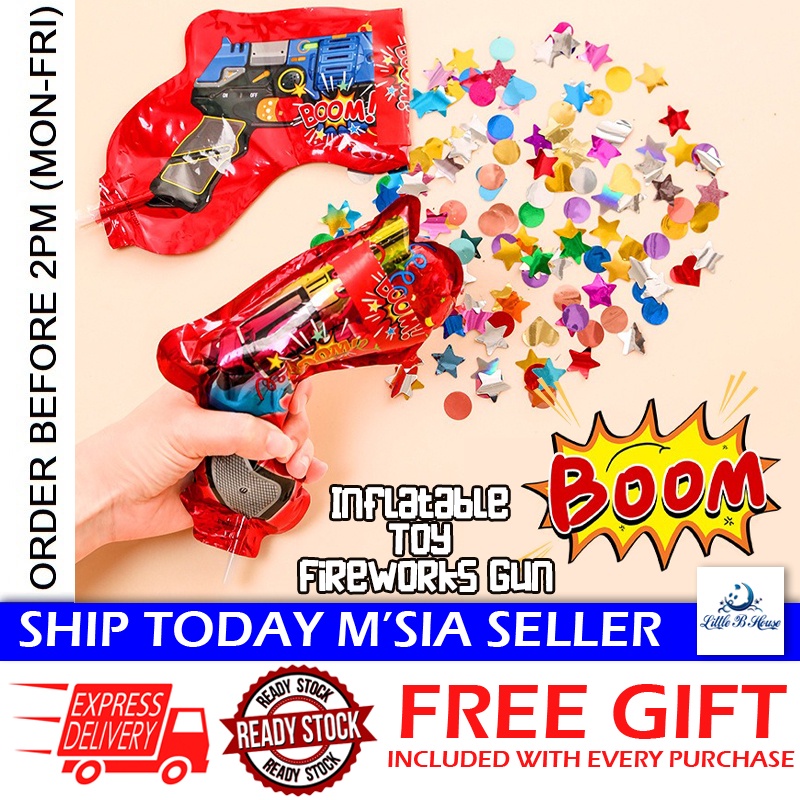 [Little B House] Inflatable Gun Fireworks Handheld Poppers Confetti Foil Balloon Wedding Deco 充气礼花枪 Mainan Party - BT338