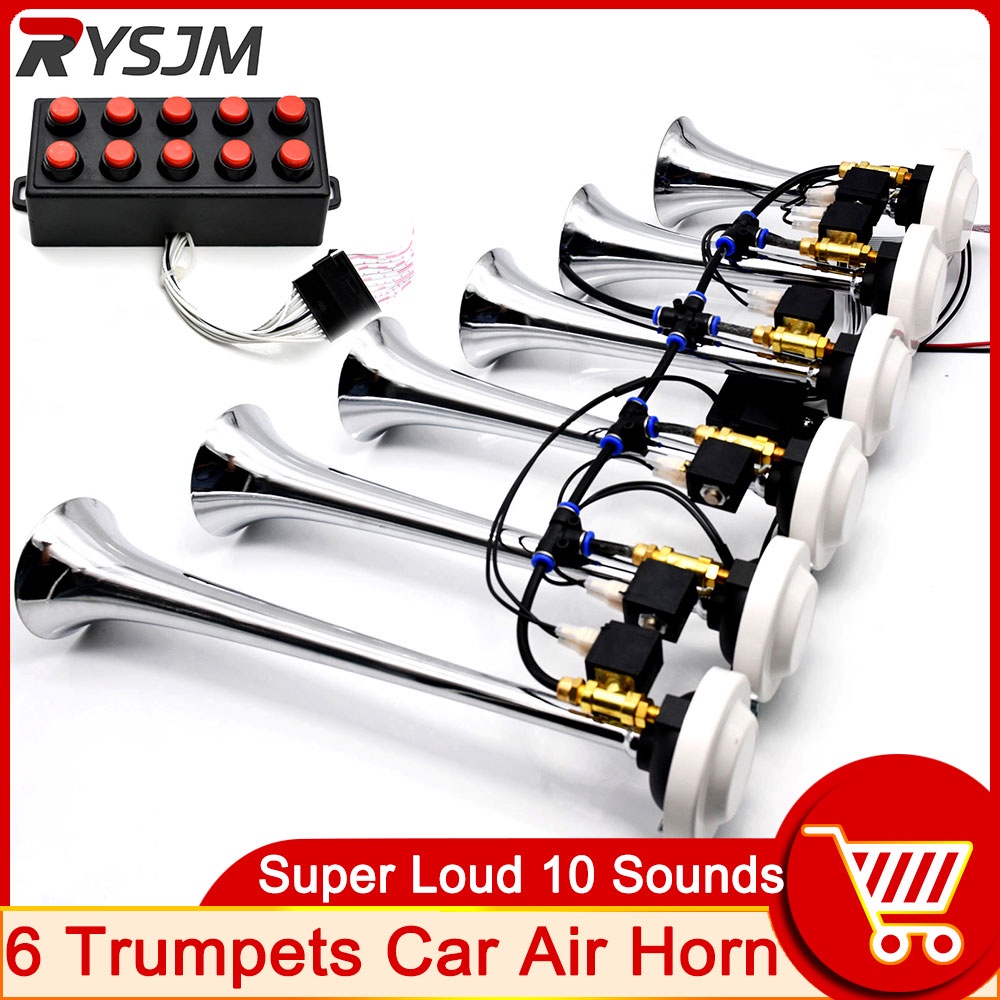 Car Air Horns Super Loud 10 Sounds Style Alarm 6 Trumpet Air Horn Compressor Kit For Boat Truck