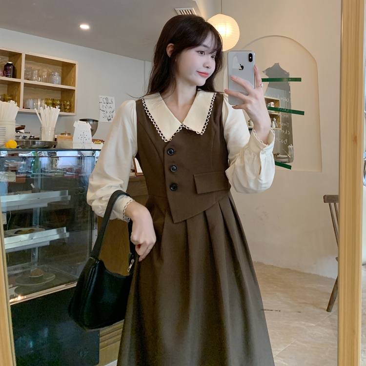 Korean vintage stitching fake two long sleeve dress new large brown temperament A-line skirt