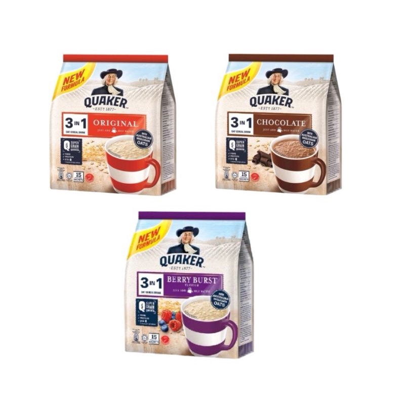 Quaker 3in1 Oat Cereal Drink Original/Chocolate/Berry Burst (15's