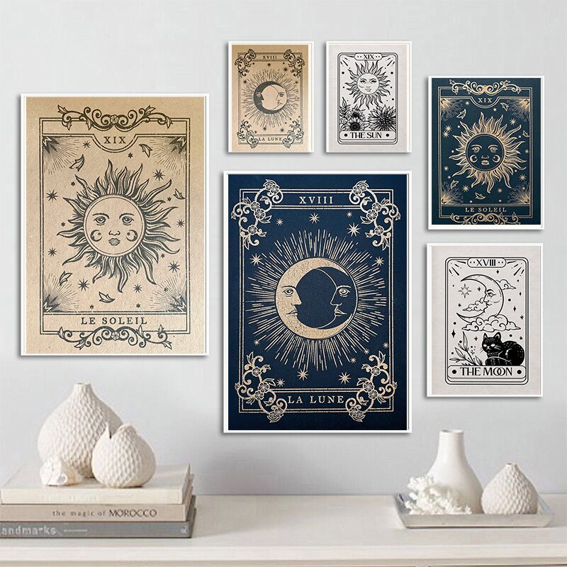 Boho The Sun Moon Tarot Card Astrology Print Poster Modern Abstract Canvas Painting Celestial Wall Picture Bedroom Home Decor