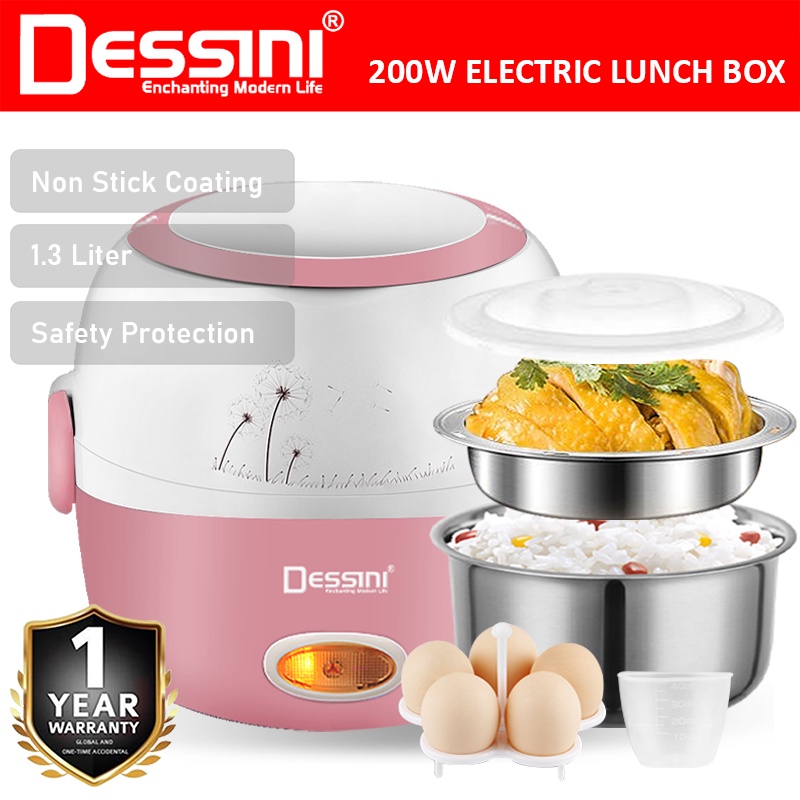 DESSINI ITALY 1.3L Electric Rice Cooker Lunch Box Non Stick Stainless Steel Inner Pot with Steamer Periuk Nasi Elektrik