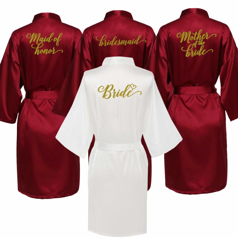 sexy Burgundy robe bride kimono satin robe women Bathrobe wedding robe ...