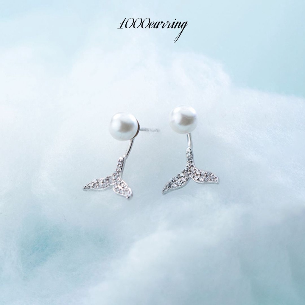 1000earring 925 Sterling Silver Pearl and Mermaid Tail Jacket Earrings - Silver