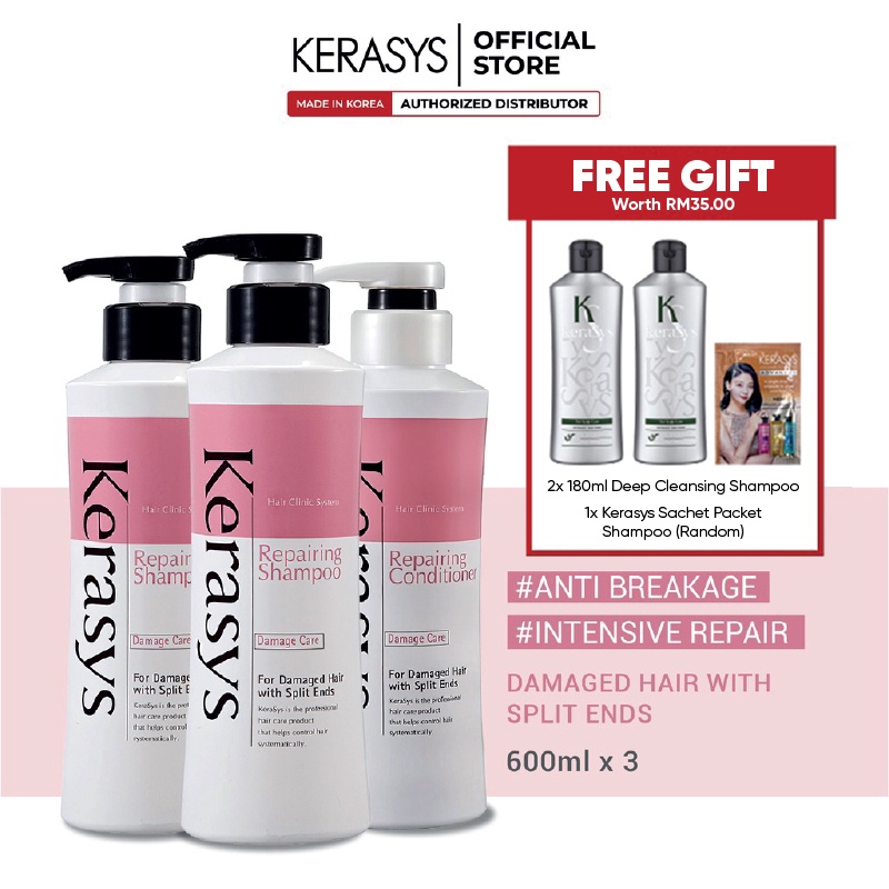 Kerasys Damaged Care Repairing Shampoo & Conditioner 3x600mL (Free 2x ...