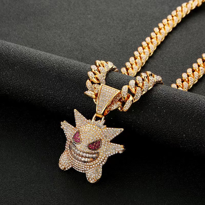 Trendy Crystal Pokemon Pendant Cuban Necklace European American Hip Hop Funny Geng Ghost