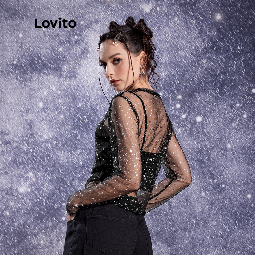 Durable Multi Lovito STAR GIRL Cute Galaxy Sheer Women Blouse L32AE014 (Black) Tempatan - Image 4