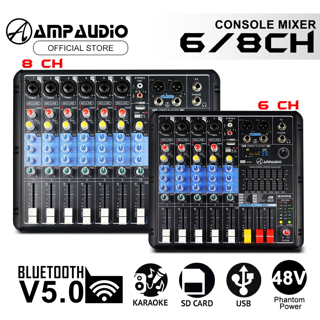 AmpAudio Console Mixer SMR6/ SMR8 6/8 Channel Console Mixer With Bluetooth DSP Function