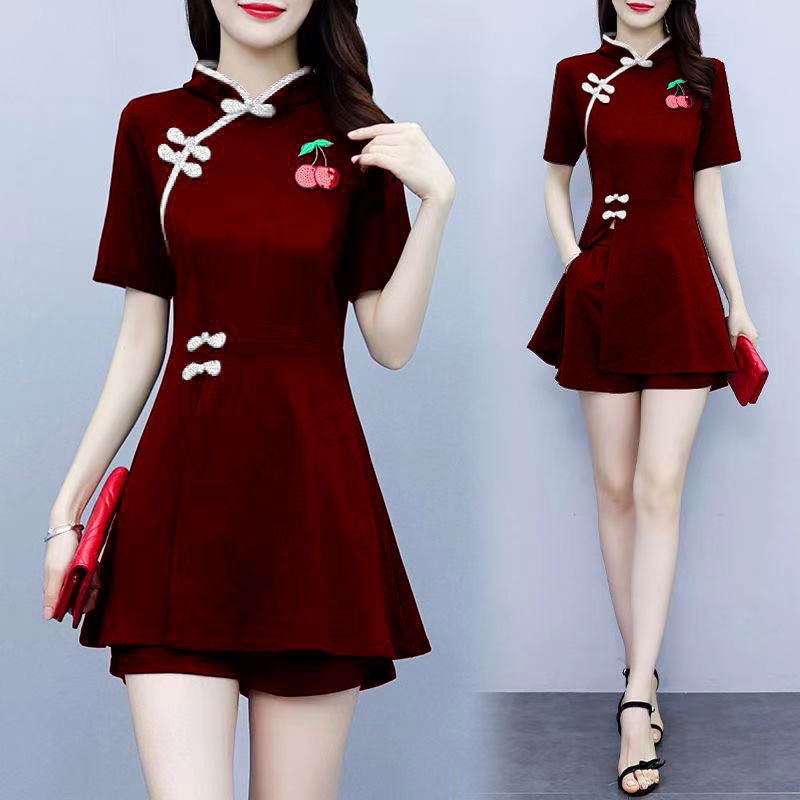 旗袍女装两件套显瘦短裤新年衣服复古中國風大码改良旗袍古風连衣裙女cheongsam women's twopiece New Year