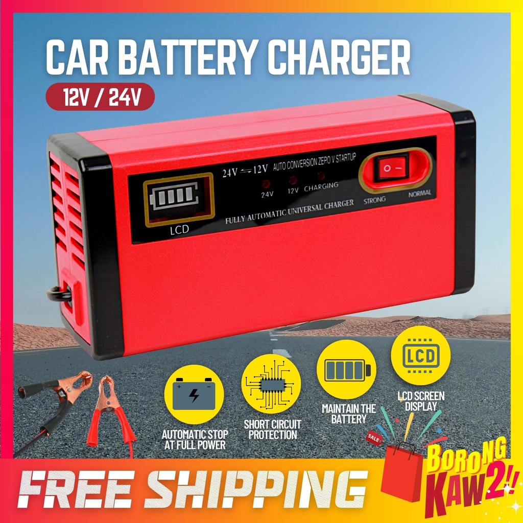 BKK 12V / 24V LCD Car Battery Charger Electric Power Pengecas Bateri