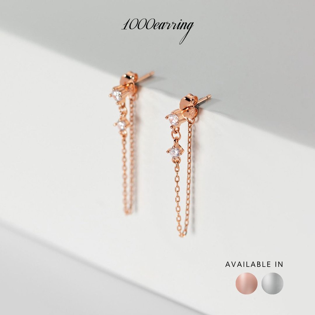 1000earring 925 Sterling Silver Diamond Charm Delicate Chain Drop Earrings - Silver/Rose gold