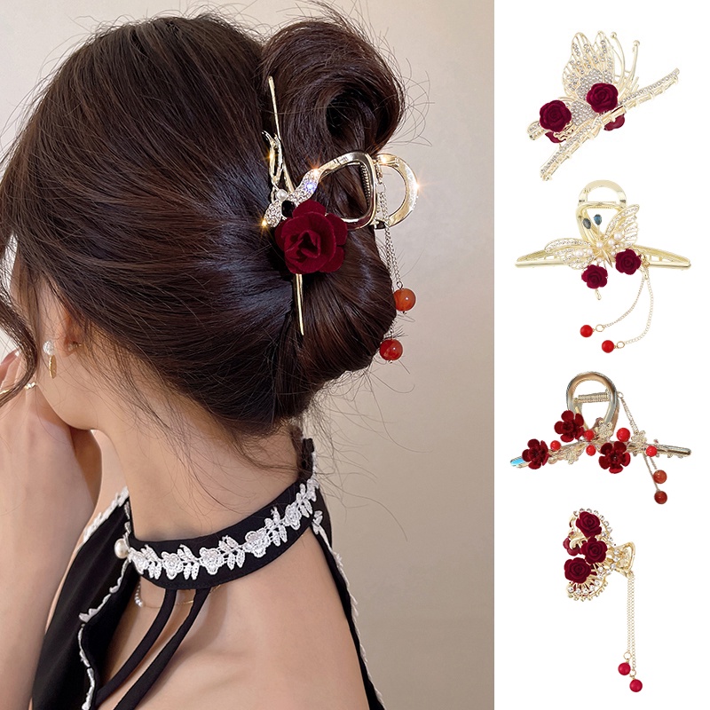Korean Metal Red Flower Pearl Rhinestone Hair Clip Butterfly Crystal Tassel Hairpin  Hair Claw Woman Hair Accessories | Shopee Malaysia