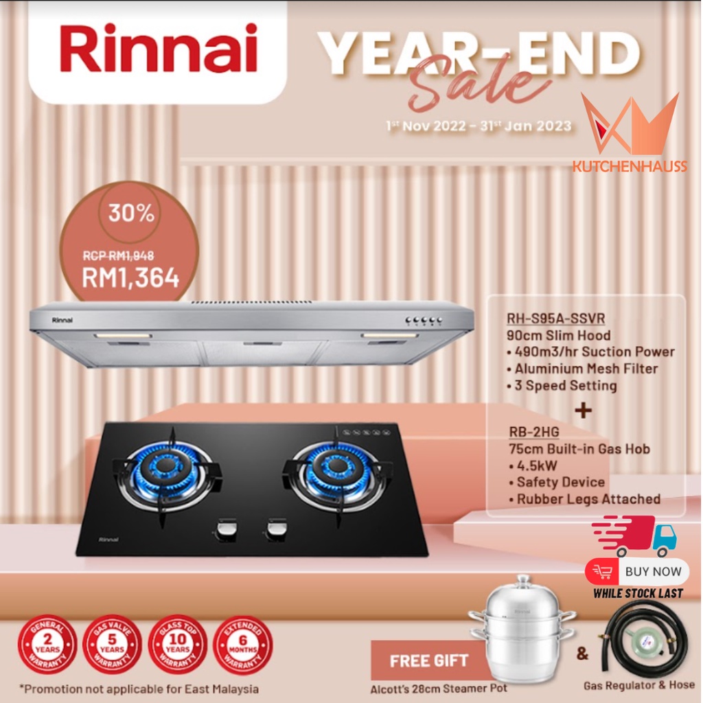 Rinnai Package 90 cm Slim Hood RHS95ASSVR & RB2HG 75cm Builtin Gas
