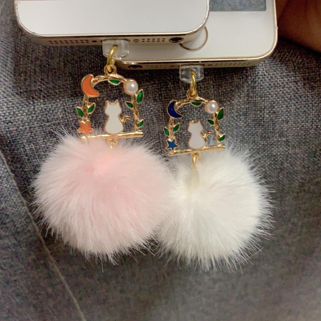 Mobile Phone Anti-Dust Plug Cute Green Garland Rabbit Hair Ball Pendant Data Cable Charging Port Universal Headphone Plu